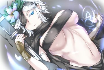 aqua eyes breasts eyepatch flamie speeddraw flowers headdress magic navel rokka no yuusha shimeno puni short hair weapon white hair