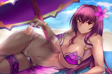 beach bikini breasts clouds dark skin fate/grand order fate (series) garter long hair navel nipples pubic hair purple hair red eyes scathach (fate/grand order) shade shimeno puni sky swimsuit tan lines umbrella water wristwear