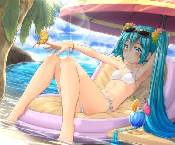 aqua eyes aqua hair beach bikini drink hatsune miku kitsunerider long hair sunglasses swimsuit twintails vocaloid water wristwear