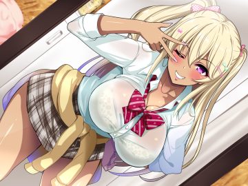 blonde hair bow bra dark skin jewel (the black canvas) long hair original purple eyes school uniform see through underwear wink
