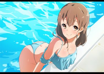 ass bikini breasts brown eyes brown hair cleavage nakasima-syouta original pool swimsuit water