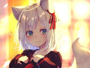 animal ears blush breast hold chita (ketchup) close cropped foxgirl green eyes original ribbons school uniform short hair tail white hair