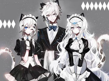 animal ears apron aqua eyes arknights bow braids catboy catgirl cliffheart (arknights) gray gray eyes headdress juexing (moemoe3345) long hair maid male pramanix (arknights) short hair silverash (arknights) suit tail tie waitress white hair wink wristwear