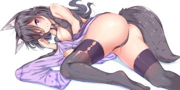 animal ears ass black hair breasts cameltoe cleavage foxgirl japanese clothes long hair original purple eyes tail thighhighs white yukishiro arute