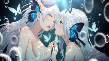 2girls aliasing braids breasts bubbles butterfly green eyes headdress kamiki kinu kinu channel long hair magnet (vocaloid) no bra pointed ears re:act shoujo ai topless underwater uni unico water white hair yasuyuki yellow eyes