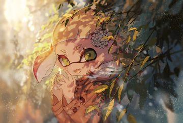 blush close fang green eyes hood inkling leaves loli orange hair shade short hair splatoon tentacles yu-ri