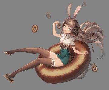 animal ears aqua eyes brown hair bunny ears bunnygirl food gray long hair original ribbons signed skirt thighhighs yu-ri zettai ryouiki