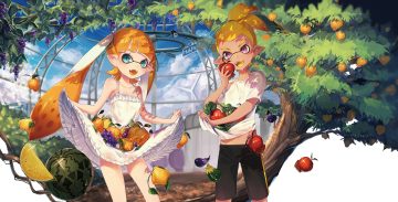 aqua eyes dress fang food fruit inkling loli long hair male navel orange hair pointed ears ponytail purple eyes shirt lift shorts skirt lift splatoon summer dress tentacles twintails watermelon yu-ri