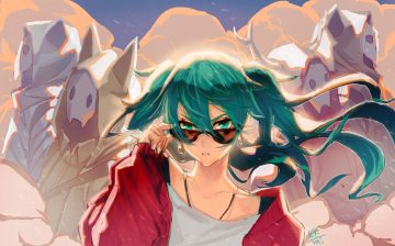 close green eyes green hair hatsune miku hood horns kkmi long hair mask signed suna no wakusei (vocaloid) sunglasses twintails vocaloid