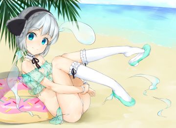 aqua eyes beach bikini gray hair hashimoto w.s. headband kneehighs konpaku youmu myon short hair swim ring swimsuit touhou water wristwear