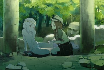 2girls bondage brown eyes brown hair chain dark doremi flat chest forest green headdress kneehighs loli long hair navel necklace nipples original panties pointed ears red eyes ruins shackles shorts topless tree underwear white hair wristwear