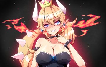 aqua eyes blonde hair bowsette breasts choker cleavage close crown fire horns long hair pointed ears ponytail ripe.c super mario bros tail wristwear