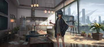 animal ears arknights black hair building city drink green eyes gun jessica (arknights) necklace paper scenic weapon yurichtofen