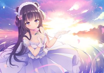 black hair blush breasts choker dress flowers gloves long hair nanohana kohina original petals purple eyes rose see through sky water