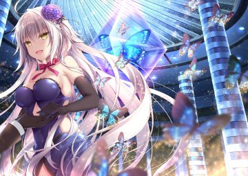 aliasing blonde hair bow breasts butterfly choker cleavage dress elbow gloves fate/grand order fate (series) gloves jeanne d'arc alter jeanne d'arc (fate) long hair ribbons shikitani asuka skintight yellow eyes