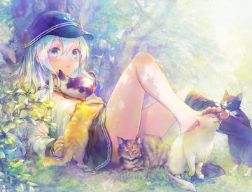 888myrrh888 animal anthropomorphism aqua eyes barefoot blush cat grass hat hibiki (kancolle) kantai collection leaves long hair school uniform skirt thighhighs tree white hair