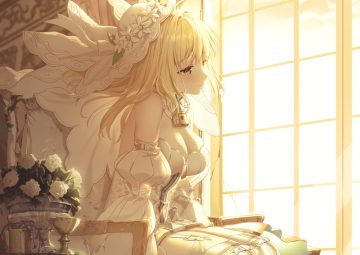 blonde hair blush breasts cleavage cropped dress fate/grand order fate (series) flowers green eyes headdress nero claudius (bride) nero claudius (fate) rose rosuuri