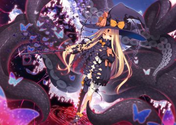 abigail williams (fate/grand order) blonde hair bow butterfly fate/grand order fate (series) hat loli long hair panties red eyes teddy bear tentacles thighhighs underwear water witch witch hat yuzu modoki