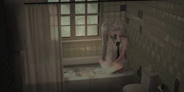 2girls bandage bath bathtub blush chihuri405 choker dark dress gray hair hug kiss long hair original shirt shoujo ai summer dress tattoo water