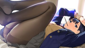 black eyes black hair close food mibu natsuki miru tights nakabeni yua pantyhose pocky school uniform skirt