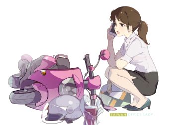 brown eyes brown hair motorcycle original phone ponytail shirt skirt tennohi white