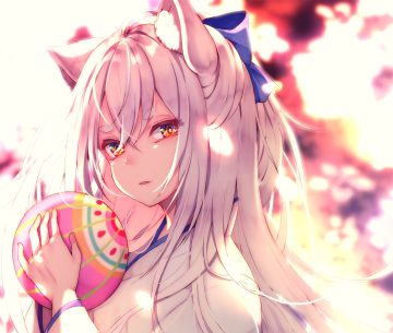 animal ears ball chita (ketchup) close cropped foxgirl japanese clothes kimono long hair original red eyes white hair
