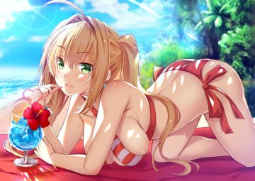 ass beach bikini blonde hair breasts cleavage clouds drink fate/grand order fate (series) flowers food fruit green eyes izumi akane long hair nero claudius (fate) orange (fruit) shade sideboob sky swimsuit tree twintails water