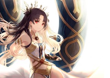 brown hair fate/grand order fate (series) headdress ishtar (fate/grand order) long hair navel red eyes twintails yohaku