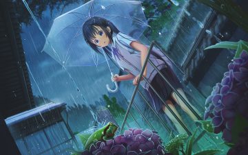abo (kawatasyunnnosukesabu) animal black hair blue eyes building flowers frog long hair original rain sky tree twintails umbrella water