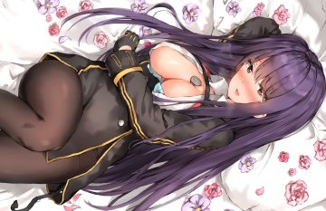 anthropomorphism bed blush bra breasts flowers girls frontline gloves long hair pantyhose purple hair red eyes syota (syota 1206) tears underwear wa2000 (girls frontline)