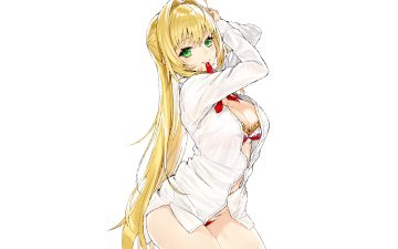 blonde hair bra breasts cleavage fate/grand order fate (series) green eyes kou mashiro long hair nero claudius (fate) open shirt panties see through shirt third-party edit twintails underwear white