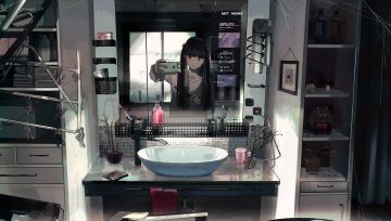 black hair camera kukka long hair original phone purple eyes reflection scenic twintails