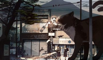 2girls animal bird black hair building cat kukka multiple tails original scenic school uniform tail tree