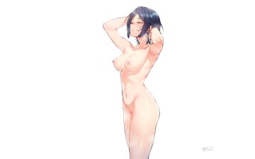 black hair breasts hayami kanade idolmaster idolmaster cinderella girls jjune navel nipples nude pussy short hair signed third-party edit uncensored wet white
