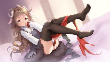 aliter animal ears arknights brown eyes brown hair dress eyjafjalla (arknights) horns long hair sheepgirl signed thighhighs