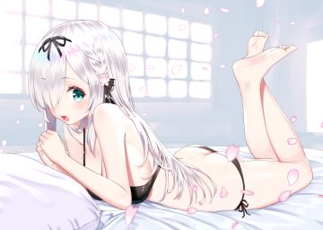 aliasing ass barefoot bed bikini braids breasts cleavage green eyes kamiki kinu kinu channel long hair petals swimsuit white hair yasuyuki