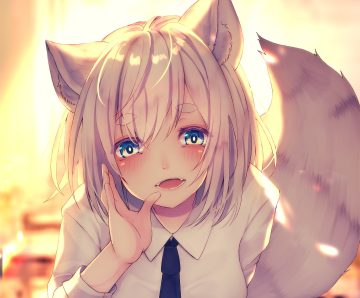 aliasing animal ears blue eyes blush chita (ketchup) close cropped fang foxgirl original school uniform shirt short hair tail tie white hair