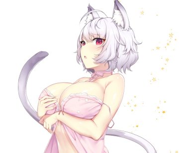 aliasing animal ears breast hold breasts catgirl choker cleavage cropped ikomochi no bra original red eyes short hair tail white white hair
