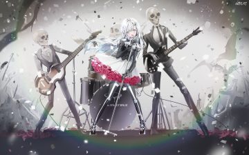 aliasing bones drums flowers gloves goth-loli gray eyes group guitar haruri instrument lolita fashion long hair microphone original pantyhose rose signed skull watermark white hair
