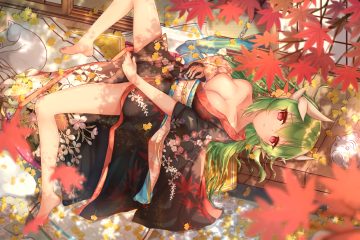 animal autumn barefoot breasts cat cleavage fate/grand order fate (series) green hair horns japanese clothes jiang xin kimono kiyohime (fate/grand order) leaves long hair