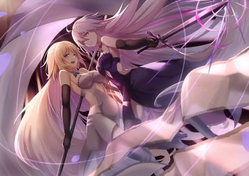 blonde hair blue eyes dress elbow gloves fate/grand order fate (series) fifty1202 gloves gray hair jeanne d'arc alter jeanne d'arc (fate) long hair staff sword weapon yellow eyes