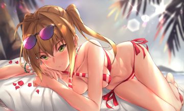 barefoot bikini blonde hair blush breasts cleavage erect nipples fate/grand order fate (series) green eyes navel nero claudius (fate) parfaitlate sunglasses swimsuit tree twintails