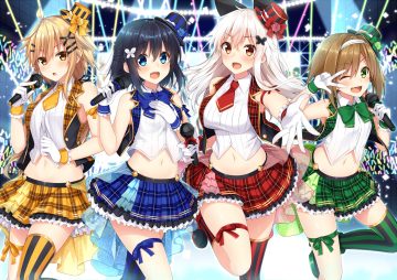 black hair blue eyes blush bow breasts brown hair etna (komori kuzuyu) fang flowers gloves green eyes group haru (komori kuzuyu) hat kneehighs komori kuzuyu long hair microphone nao (komori kuzuyu) navel original red eyes rivier (komori kuzuyu) rose shirt skirt thighhighs white hair zettai ryouiki