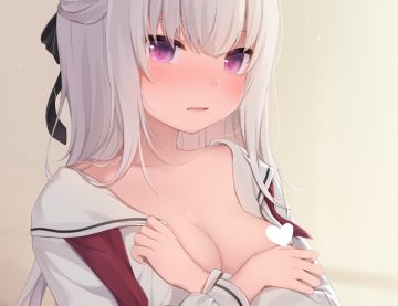 amashiro natsuki breasts censored close cropped gray hair long hair no bra open shirt original purple eyes school uniform