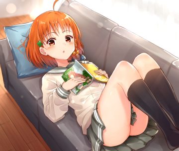 blush book braids couch kneehighs love live! school idol project love live! sunshine!! orange hair red eyes school uniform short hair skirt sonoko neko takami chika waifu2x