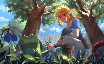 all male blonde hair blue eyes boots clouds flowers grass korok link (zelda) male oisy pointed ears ponytail short hair sky the legend of zelda tree