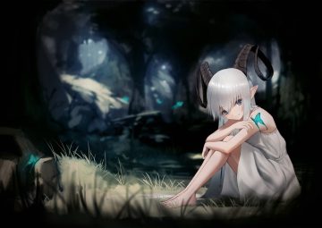 barefoot blue eyes butterfly dark dress forest grass gray hair hara shoutarou horns long hair original pointed ears summer dress tree