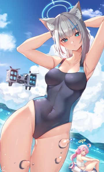 dreamtokitty blue archive sunaookami shiroko takanashi hoshino animal ears bikini cleavage halo heterochromia megane nekomimi swimsuits