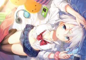 aqua eyes bed bow gray hair headphones ipod navel original phone scan school uniform shirt short hair skirt thighhighs toosaka asagi wristwear zettai ryouiki