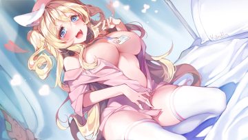 animal ears bed blonde hair blue eyes breasts bunny ears bunnygirl cleavage heart kanola u long hair no bra nurse open shirt shirt signed thighhighs